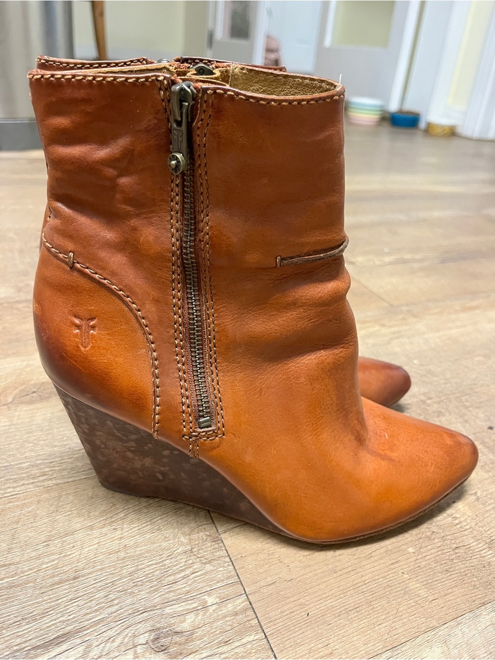 Frye Regina Wedge, Cognac Leather Zip Ankle Boots. 9.5